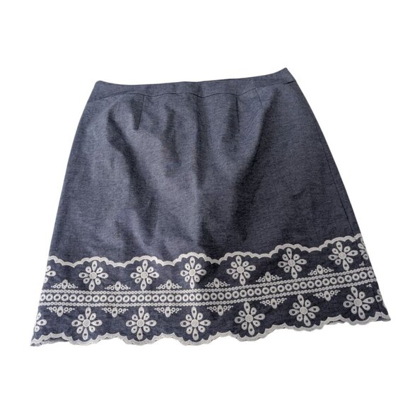 NEW Talbots Chambray Floral Embroidered Skirt Womens Size 4 Blue Cotton A Line - Picture 7 of 10